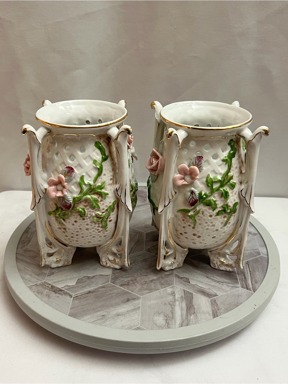 Vintage Porcelain Floral Vase Pair Applied Pink Flowers Gold Trim 7.5”